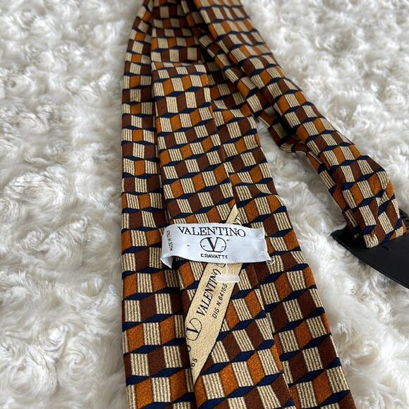Valentino Cravatte Men’s Silk Tie Geometric Print Tan Brown Blue Made in Italy - Picture 3 of 7